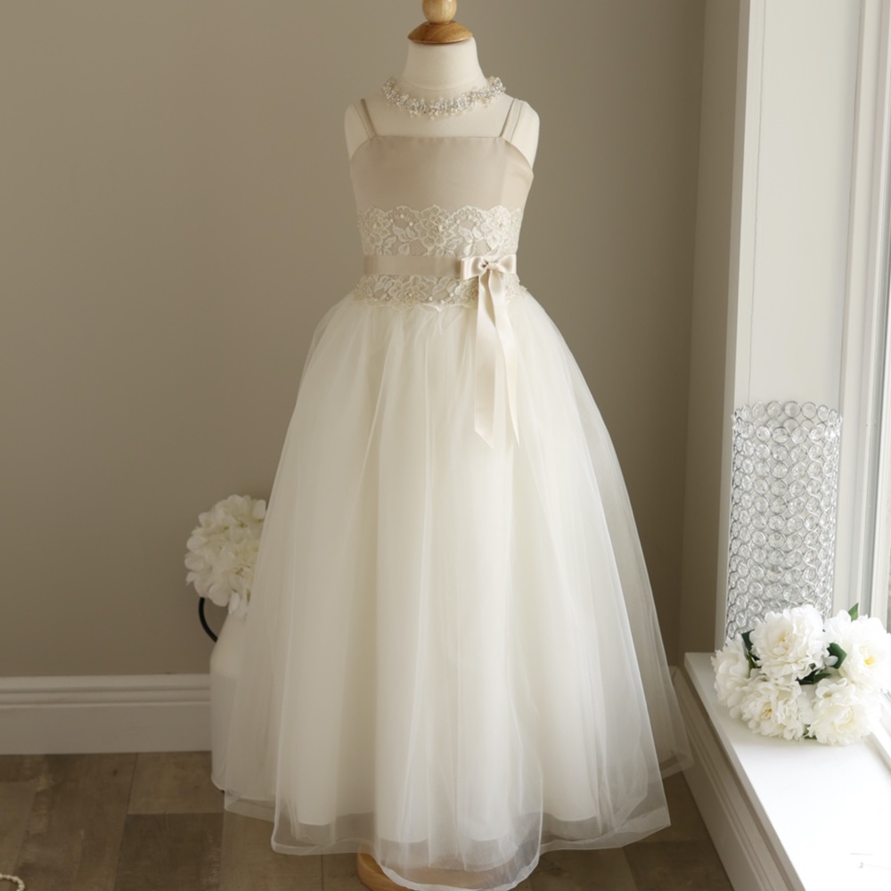 Ivory Champagne Formal Flower Girl Dress Tulle Sequins Pearls Satin Trim LOVELY